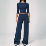 Women Tracksuit Yoga Sets Half Sleeve O Neck Slim Sports T Shirts Fitness Suit Outdoor High Waist Flare Pants Workout Clothes