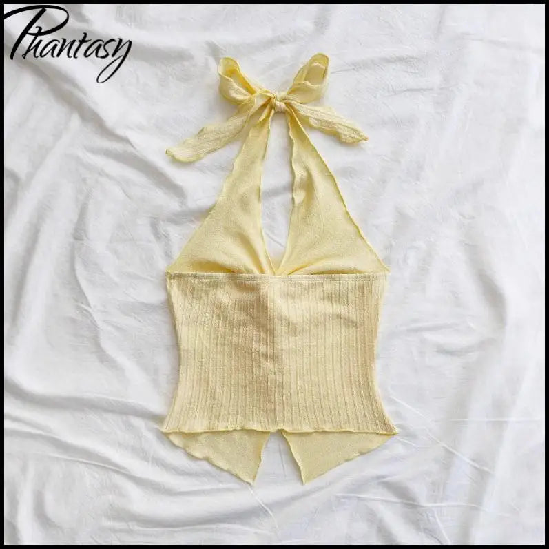 Sweet Bow-Tie Neckline Halter Topfor Women Hot Girl Solid-Color Cropped Knit Tank Top Summer Beach Outfit Female Clothes