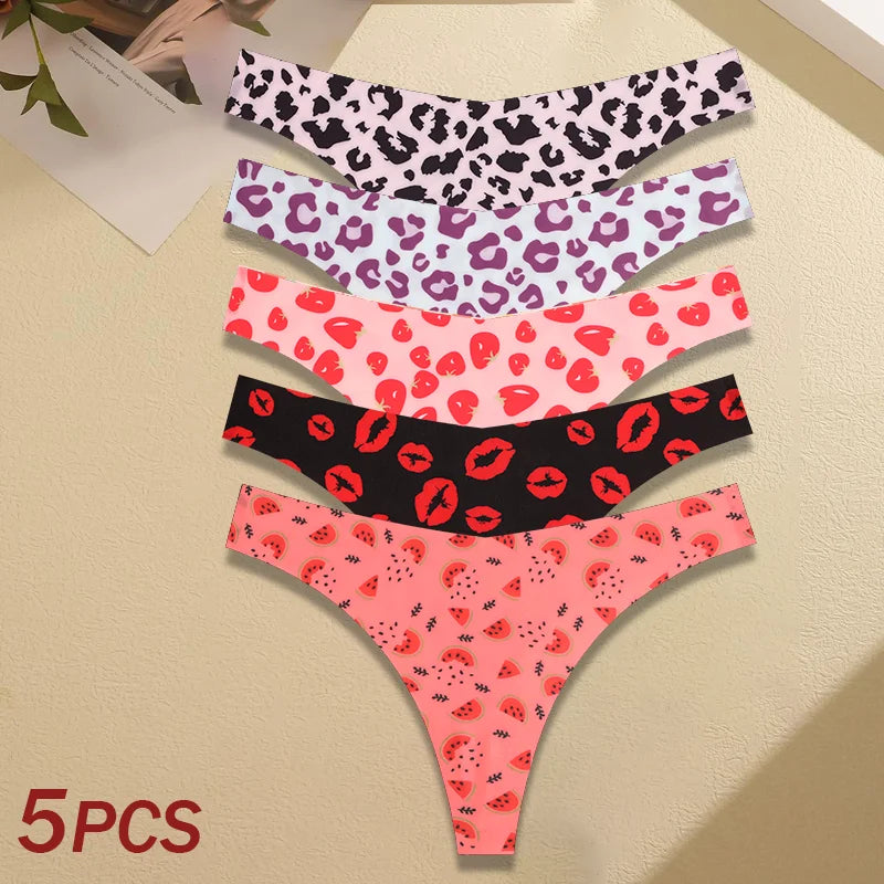 5Pcs Women Ultra-thin Seamless G-string Seamless Print Thongs Sexy Panties Ladies Soft Cute Thongs Female S-XL T-Back Panties