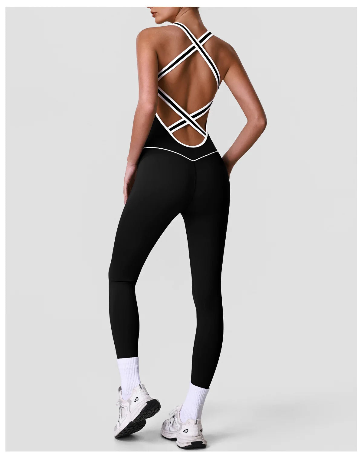 High Stretch Body Shaping Yoga Jumpsuit Women Black Patchwork Hollow Out Back Cross Fitness Sports One Piece Workout Bodysuits