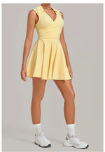 Summer Women Solid Tennis Dresses Sleeveless Turn Down Collar Pleated Skirts with Detachable Pocket Shorts Slim Yoga Golf Dress