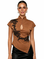Women's Cheongsam Tops Mock Neck Short Sleeve Lace PatchworkBlouse Chinese Style Keyhole Summer Shirts