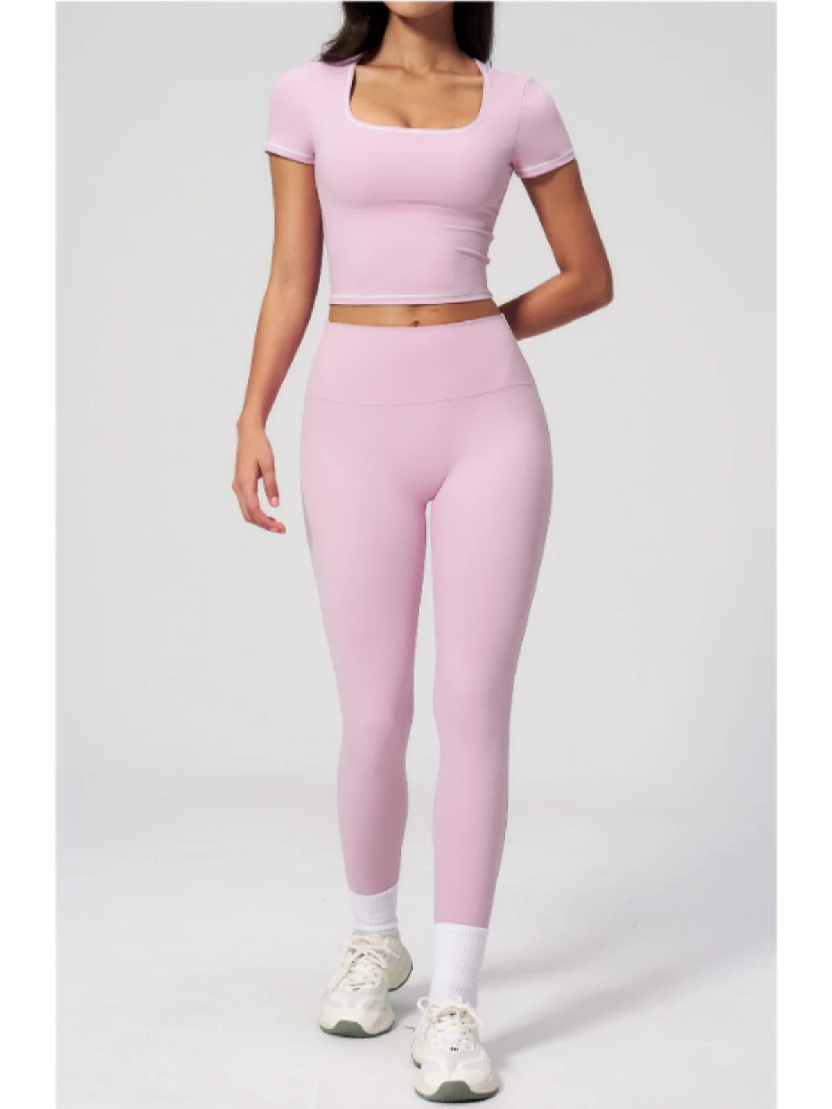 2PC Color Contrast Yoga Suit Women Short Sleeve Square Collar Slim Sports Top Fitness Suits Outdoor Exercise Leggings Tracksuit