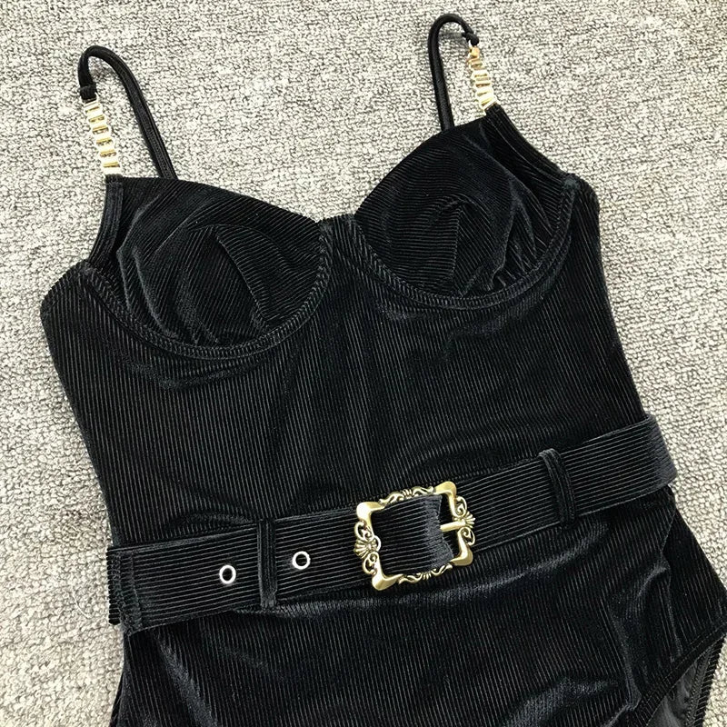 Ribbed Push up Underwired Metal Chain Women Swimwear One Piece Swimsuit Female Waist Belt Monokini Bather Bathing Suit Swim Lady