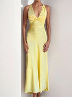 Sexy Elegant Party Long Dress Fashion Summer Solid Color V-Neck Halter Neck 2025 Backless Vestidos Sleeveless Beach Maxi Dresses