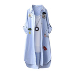 Women Mid Length Shirt Cartoon Embroidery Loose Irregular Hem Turn-down Collar Single-breasted Sun Protection Long Sleeves Top