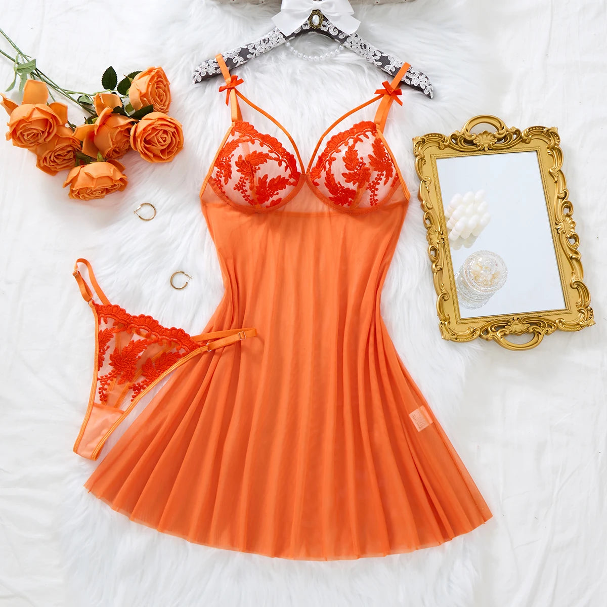 Summer-exclusive orange and peach sexy sleepwear set - sheer see-through lace bralette set for ladies ZA825066