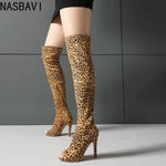 NASBAVI Super High Slim Heel Peep Toe Hollowed Boots Zipper Elastic Boots Leopard Print Flock Material Over The Knee Boots 35-48