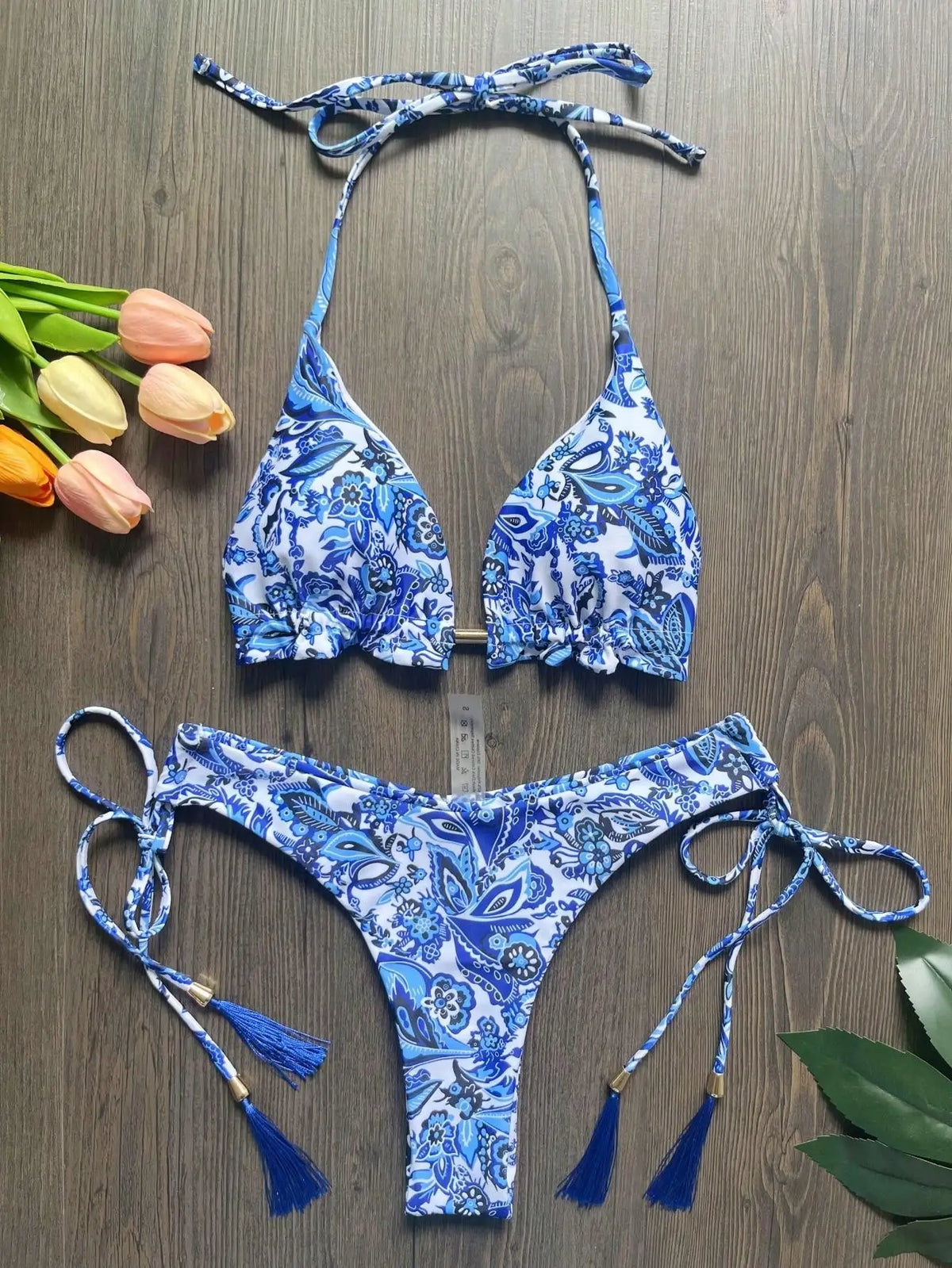 Sexy print women's bikini swimsuit split set with straps and tassels 2-piece set for summer beach swimsuit