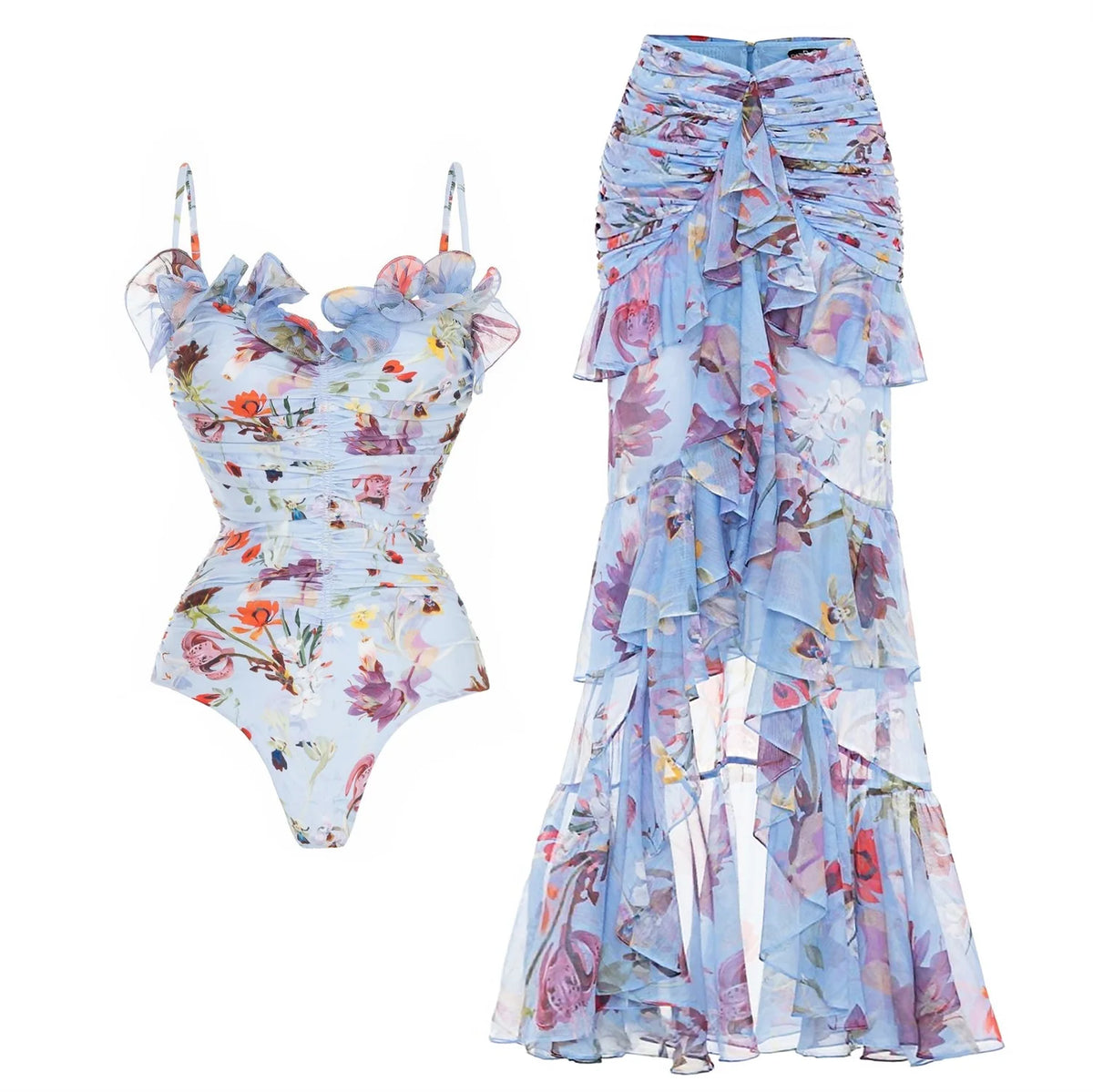 New 2Pcs Ruffle Swimsuit Women Sexy Bikini Strappy Swimwear Floral Bikini Push Up Biquini Female Bathingsuit Slimming Beachwear