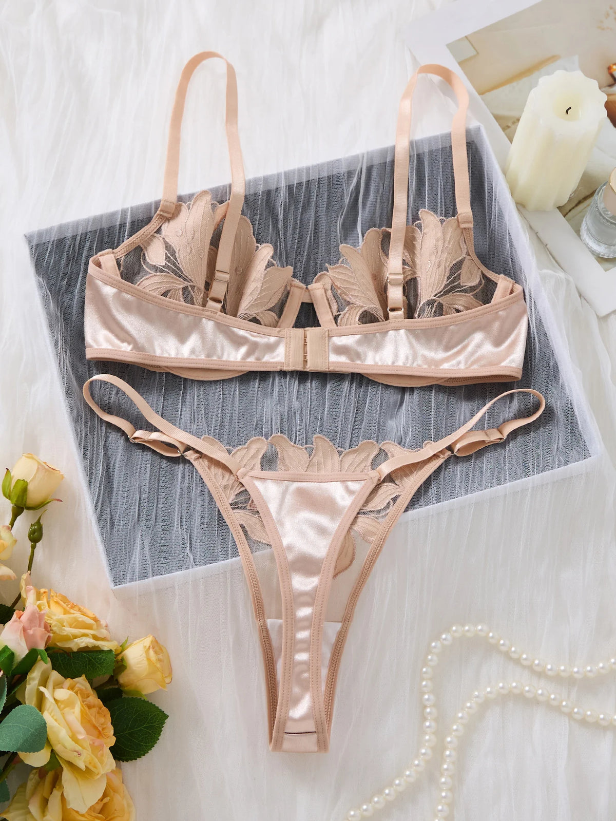 Nude Pink Floral Embroidery Lingerie Set Women Sheer Mesh Push Up Bra And Thong 2 Piece Sexy Transparent Lace Underwear ZA824031