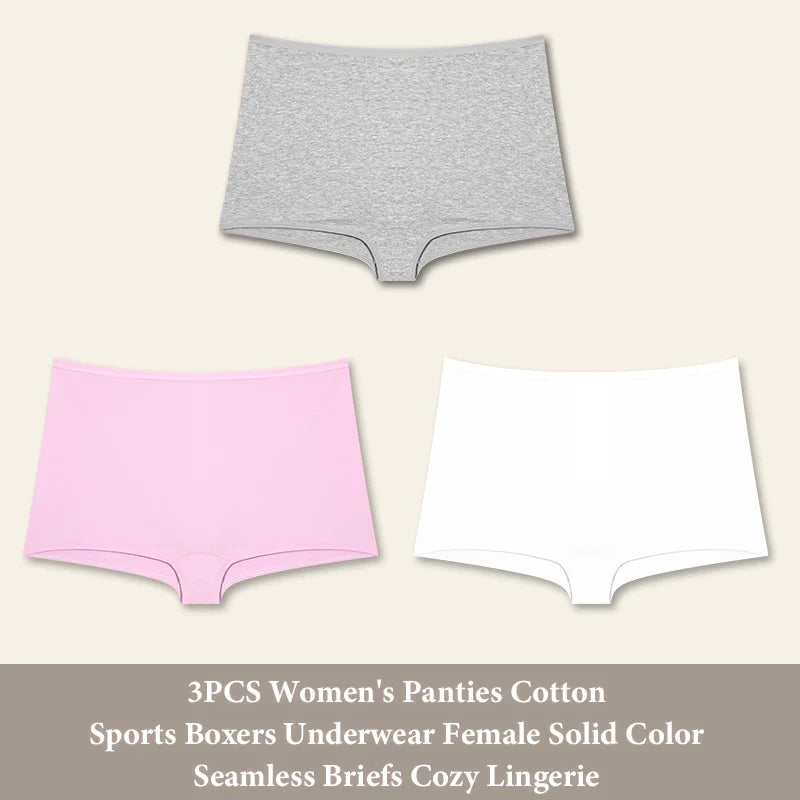 3PCS Women'sCotton Seamless Panties Sports Boxers Underwear Female Solid Color Briefs Cozy Lingerie Intimate Underpants XS-XL