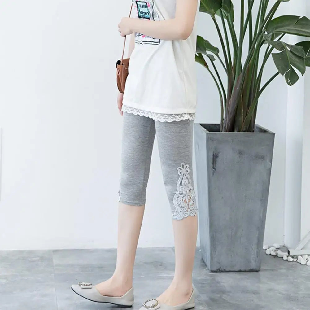Summer Stretchy Cropped Pants Cropped Leggings Women Elastic Waist Embroidery Lace Stitching Thin Tight-Fitting Pants