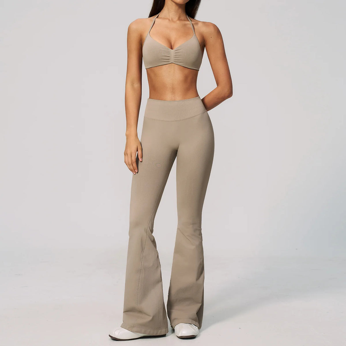 Summer Fitness Suit Women Seamless Hanging Neck Pleate Sports Bra Yoga Sets High Waist Wide Leg Leggings Running Athletic Wear