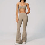Summer Fitness Suit Women Seamless Hanging Neck Pleate Sports Bra Yoga Sets High Waist Wide Leg Leggings Running Athletic Wear
