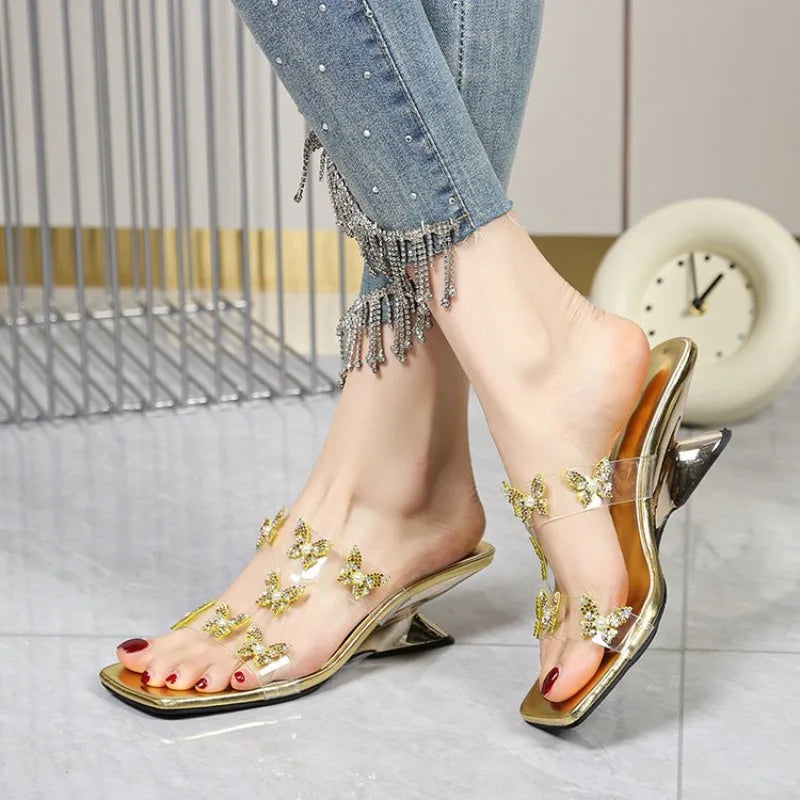 High Heeled Sandals Women Summer New Pearl Butterfly Square Toe Straight Strap Sandals, Fashionable Outerwear Plus Size Slippers
