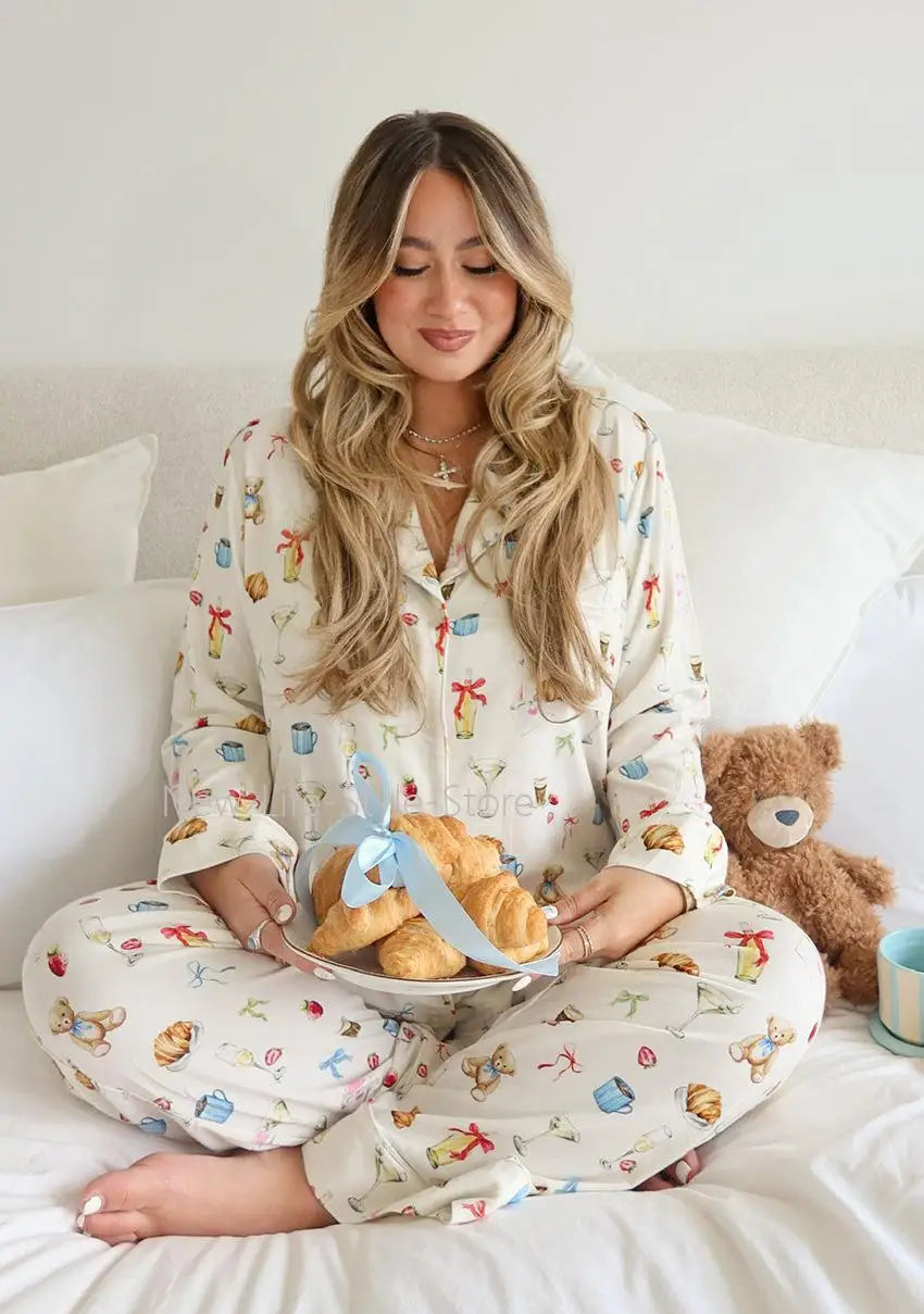 Women Autumn Winter Milk Silk Knit Pajama Set Lapel Open Front Printed Top Straight Pants European Style Ladies Sleepwear