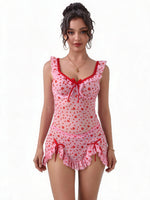 Pink Heart Print Mesh Nightdress for Women Lace Trim See Through Push Up Underwire Chemise with Panties Plus Size M-3XL