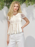 Women's Summer Solid Color Lace Short Sleeve Tops Doll Collar Button Down Ruffled Loose T-shirts