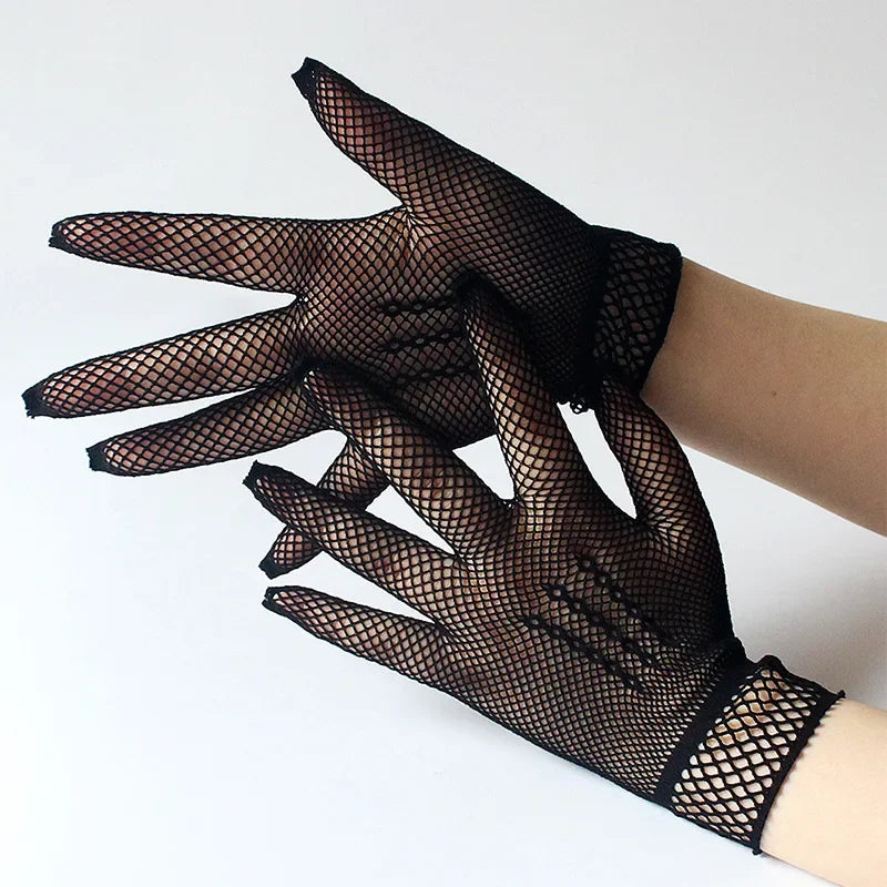 Girls Lolita Lace Hollow Out Gloves Women Ceremony Etiquette Mesh Thin Mittens Gothic Punk Sexy Glove Black White Soft Elastic