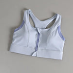 Women's sports and fitness bra with contrasting color design, shock-absorbing and gathered front zipper