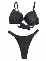 New pleated hard cup sexy bikini solid color swimsuit women's separate strap support vacation adjustable halter bikini