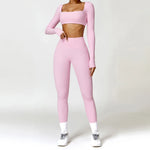 Hearuisavy Summer 2PCS Long Sleeve Gym Set Women Yoga Clothes Quick-Drying Sportswear Running Leggings Workout Sports Crop Top