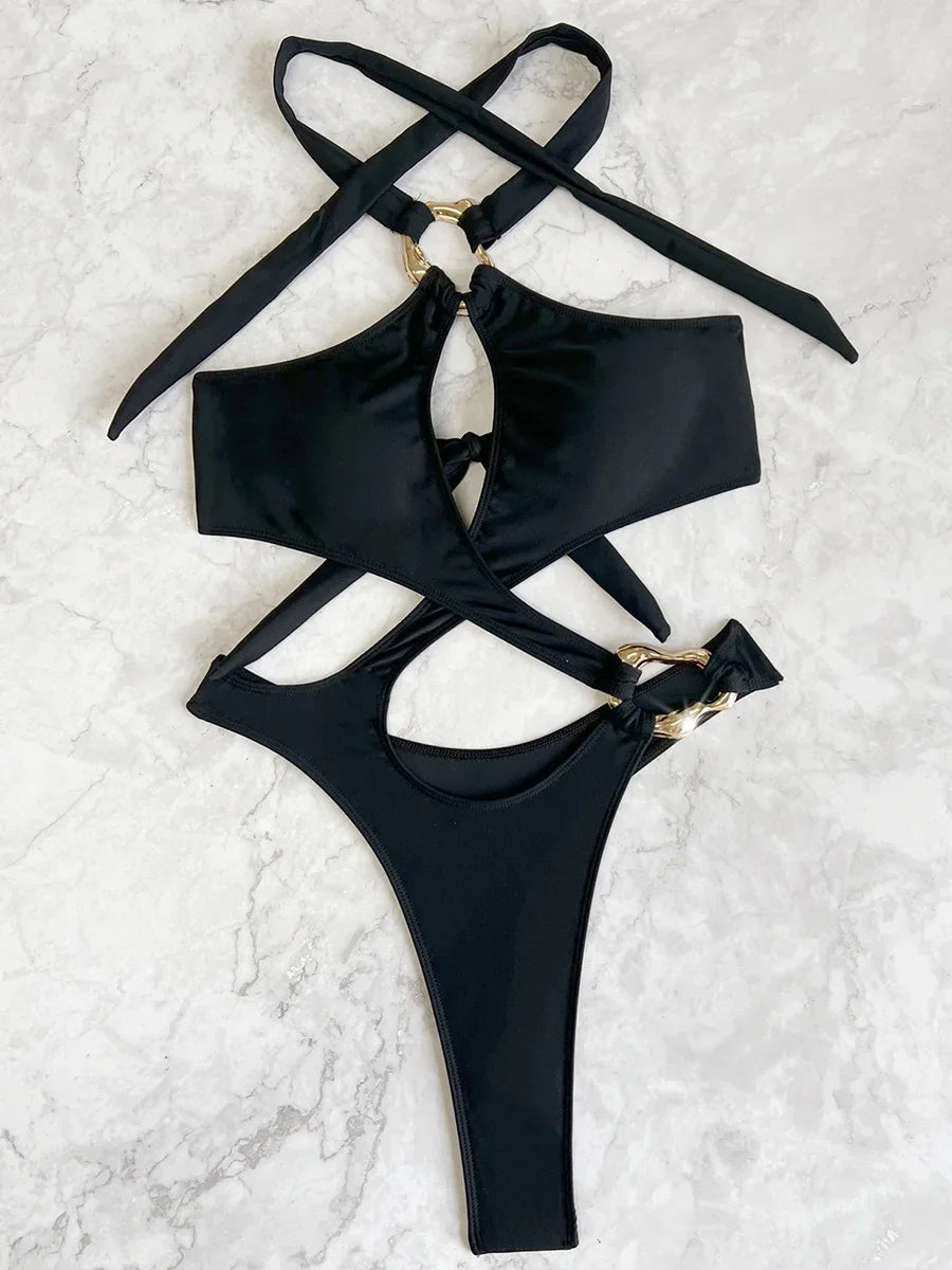 Halter Tummy Cut Out Backless Monokini Women Thong Swimwear One Piece Swimsuit Female High Leg Cut Bathing Suit Swim Bodysuit