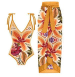 Sexy One-piece Swimsuit with Skirt Swimwear Women Flower Bird Print Body Bathing Suit Beach Swim Pool 2024 Female Swimming Suit
