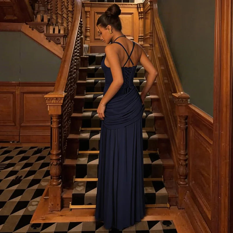 FDYOUI Fashion Sleeveless High Waist Tunics Long Maxi Dress Party Gowns Women Chic Backless Lace-up Folds Slim Evening Dresses