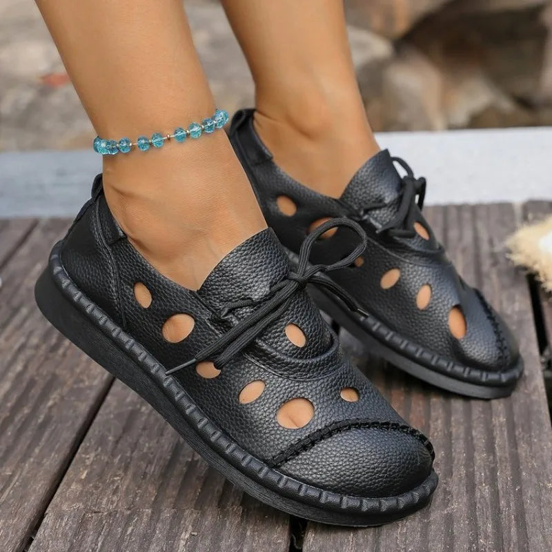 2026 Summer New Hollow-Out Lace-Up Sandals Women Flat Slip-Resistant Leather Bohemian Handmade Casual Shoes with Thick Sole