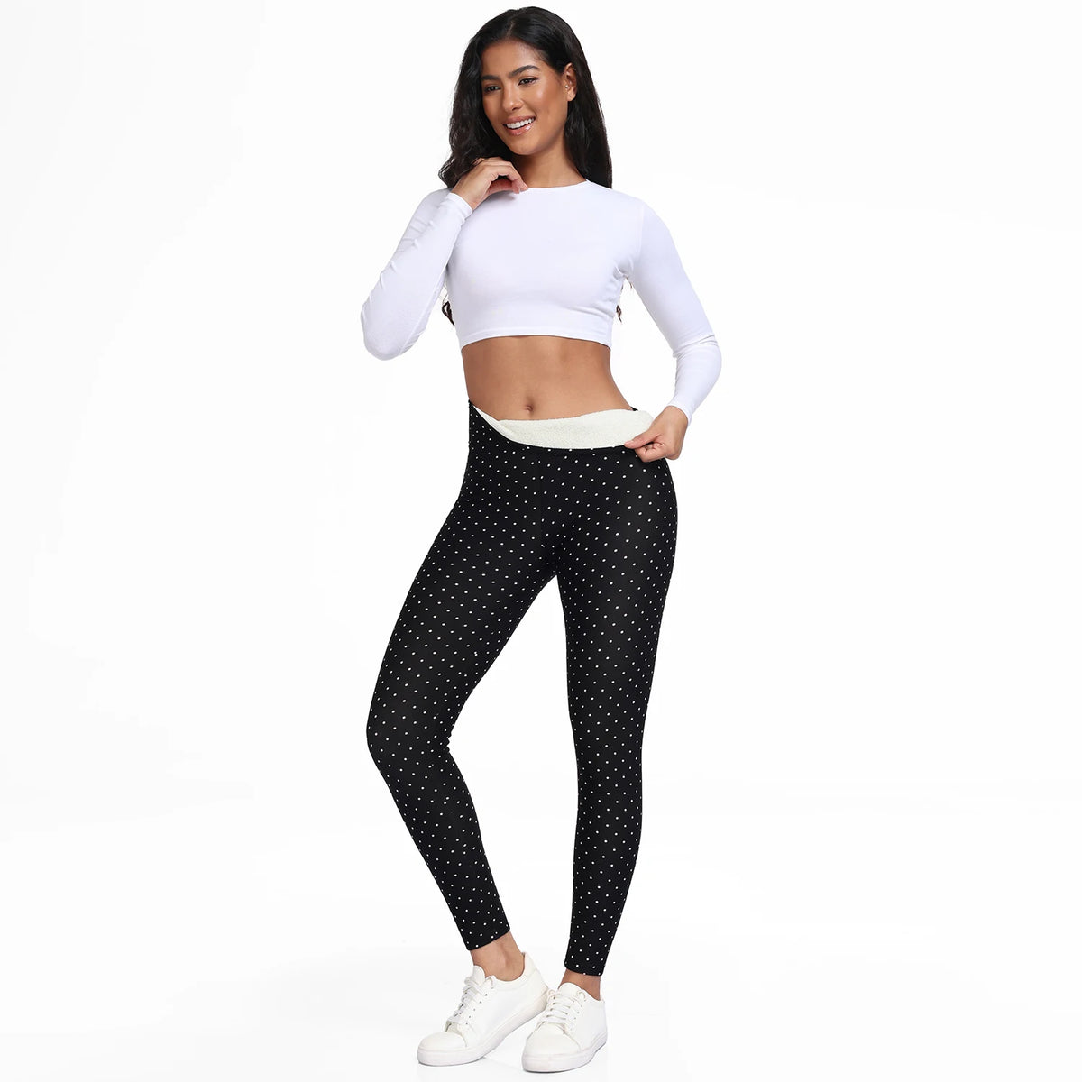  Women Velvet Pack Black White Small Polka Dot High Waist Leggings 4 Way Stretch Soft Breathable Slim Warm Pants For Yoga Sport