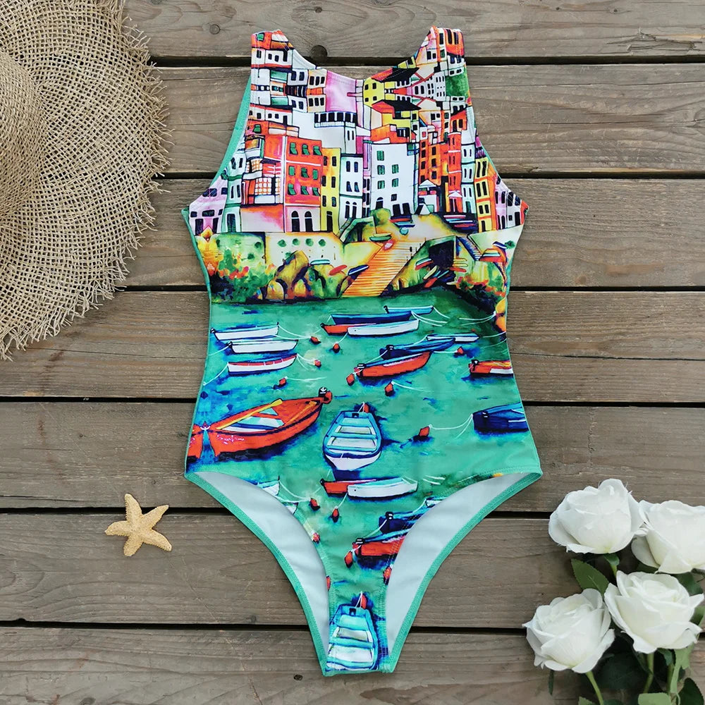 Striped Women One Piece Swimsuit High Quality Swimwear Printed Push Up Monokini Summer Bathing Suit Tropical Bodysuit Female