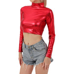 Women Metallic Long Sleeve Crop Tops Shiny Stretch Mock Neck T Shirt Dance Clubwear Ladies Slim Fit Blouses Gold Silver Costumes