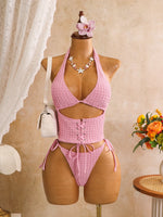 Sexy Black Plaid Print Holiday Bikinis Sets 2026 Women Bandage Cross Fishbone Top 3 Piece Swimsuit Summer Bathing Suit Swimwear