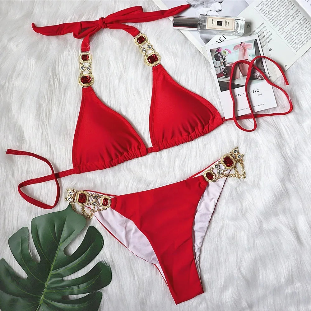 8 Colors Sexy Bikini Women Swimwear Swimsuit Shiny Crystal Diamond Chain Bathing Suit Beach Bikinis Set Female Push Up Biquinis
