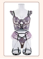 Erotic Sexy Lingerie Women Floral Transparent Lace Bra and Panty Set Underwear with Garter Intimate Outfits Bodysuits