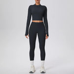 New Women Yoga Set Solid Color Double-Sided Brushed Bare Feel Short Long-Sleeve Jacket Tight Pants Running Fitness 2-Piece Set