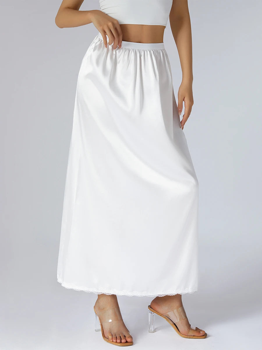 Women's Solid Color Skirts Elastic Waist Satin Underskirt Lace Trim Skirt for Under Dresses Black/White