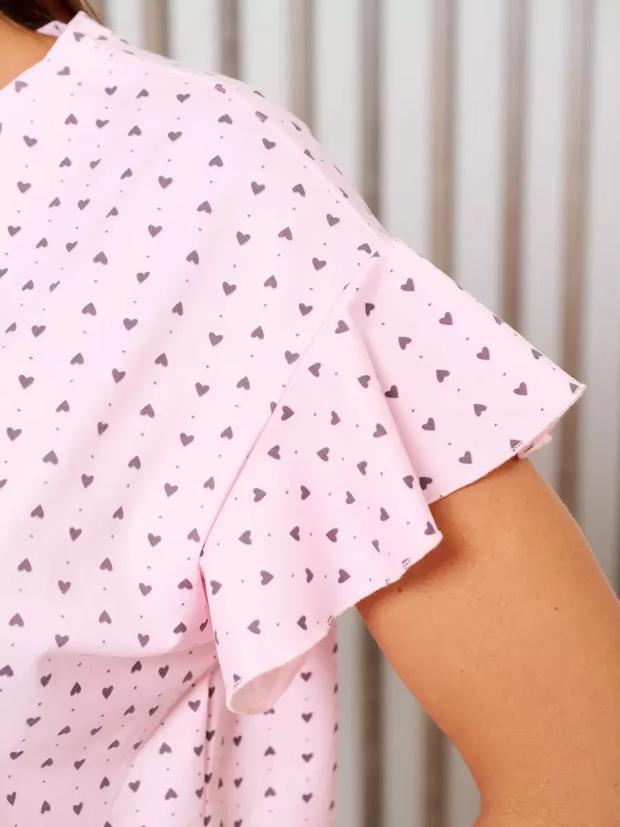 Summer New Women's Sleepwear Home Wear Casual Loose Short-Sleeved Crop Top Shorts Two-Piece Set Pink Heart Printed Sleepwear