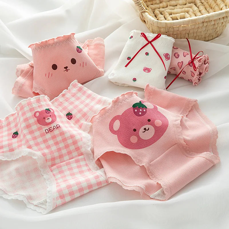 1-Pack Kawaii Bear Print Cotton Panties Women's Breathable Underwear Peach Blush Gingham Ruffled Briefs Low Rise Ladies Lingerie