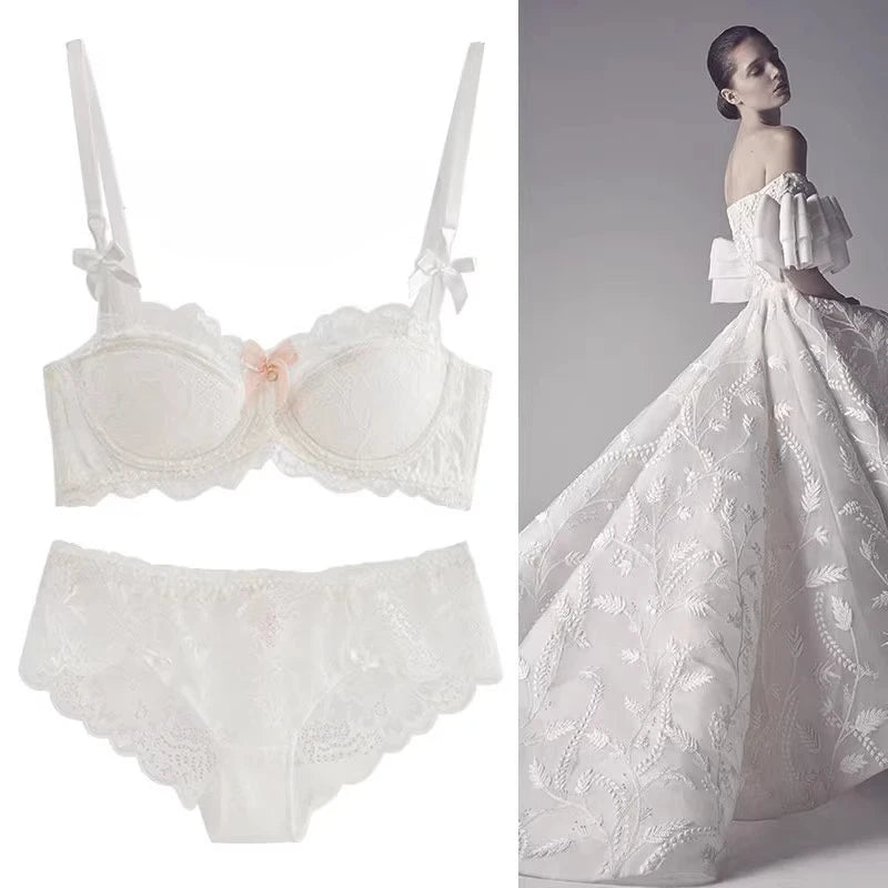 French Pure Desire Bralette AB Cup Wireless Lace Bra Set-Small Bust Push Up ComfortChubby Girl Bow Design Thin Fold Plus Size