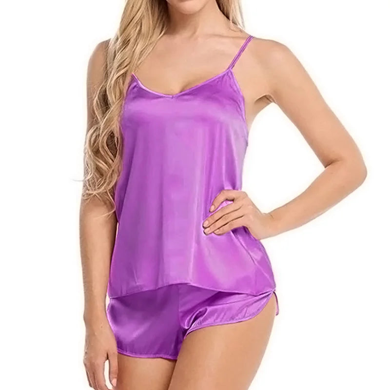 Women Satin Pajama Shorts Sets Mujer Strap Sleeveless Sexy Sleepwear Suit 2PCSV-Neck Cami Top Short Lingerie Female Nightwear