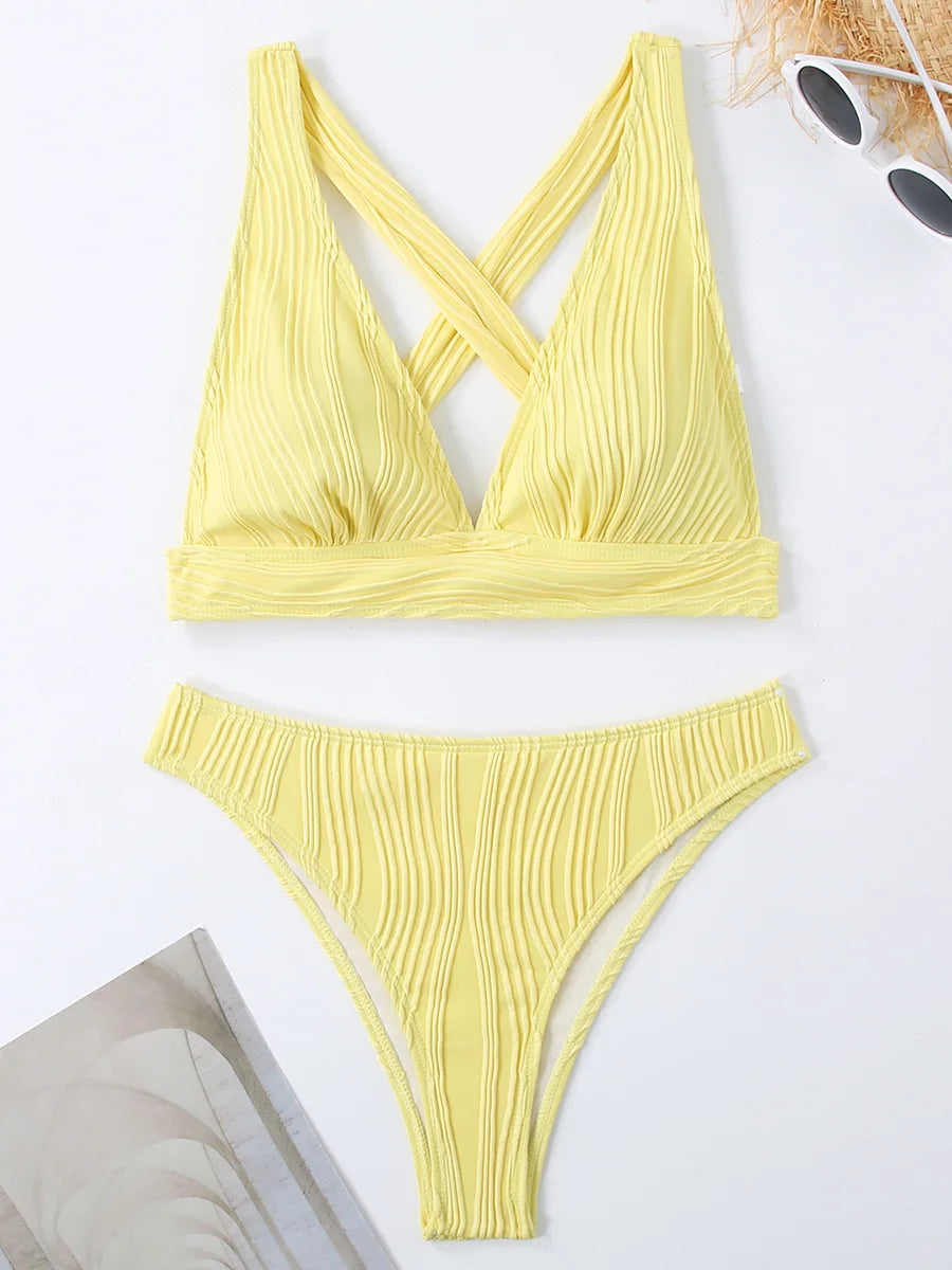 2025 Wrinkled Crinkled Bikini Women Swimwear Female Swimsuit Two-pieces Bikini Set High Cut Bathing Suit Swim Beach Wear Lady