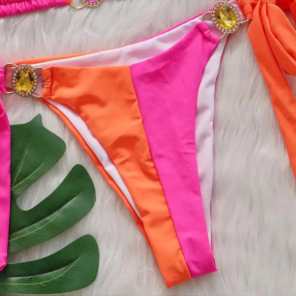 Splicing Halter Jewelled Diamond Bikini 2025 Women Swimsuit Female Swimwear Two Pieces Bikini Set Hollow Out Bathing Suit Swim