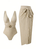 Vintage Green Deep V Neck One Piece Swimsuit 2025 Women Sexy Mesh Long Skirt Swimwear Set Beach Bathing Suit Holiday Monokini