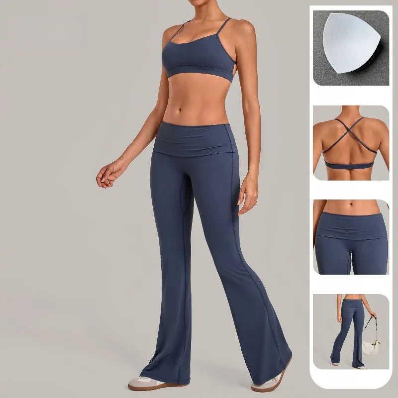 Women's Yoga Sets Sports Fitness Sling Cross Beauty Back Bra Training High Waist Hips-Lifting Flare-Pants Suits Gym Workout Sets