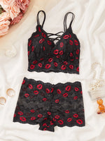 Lips Print Lace Women Sexy Lingerie Set Hollow-out Unlined Camisole Bra Breathable Sheer Women's Underwear Set