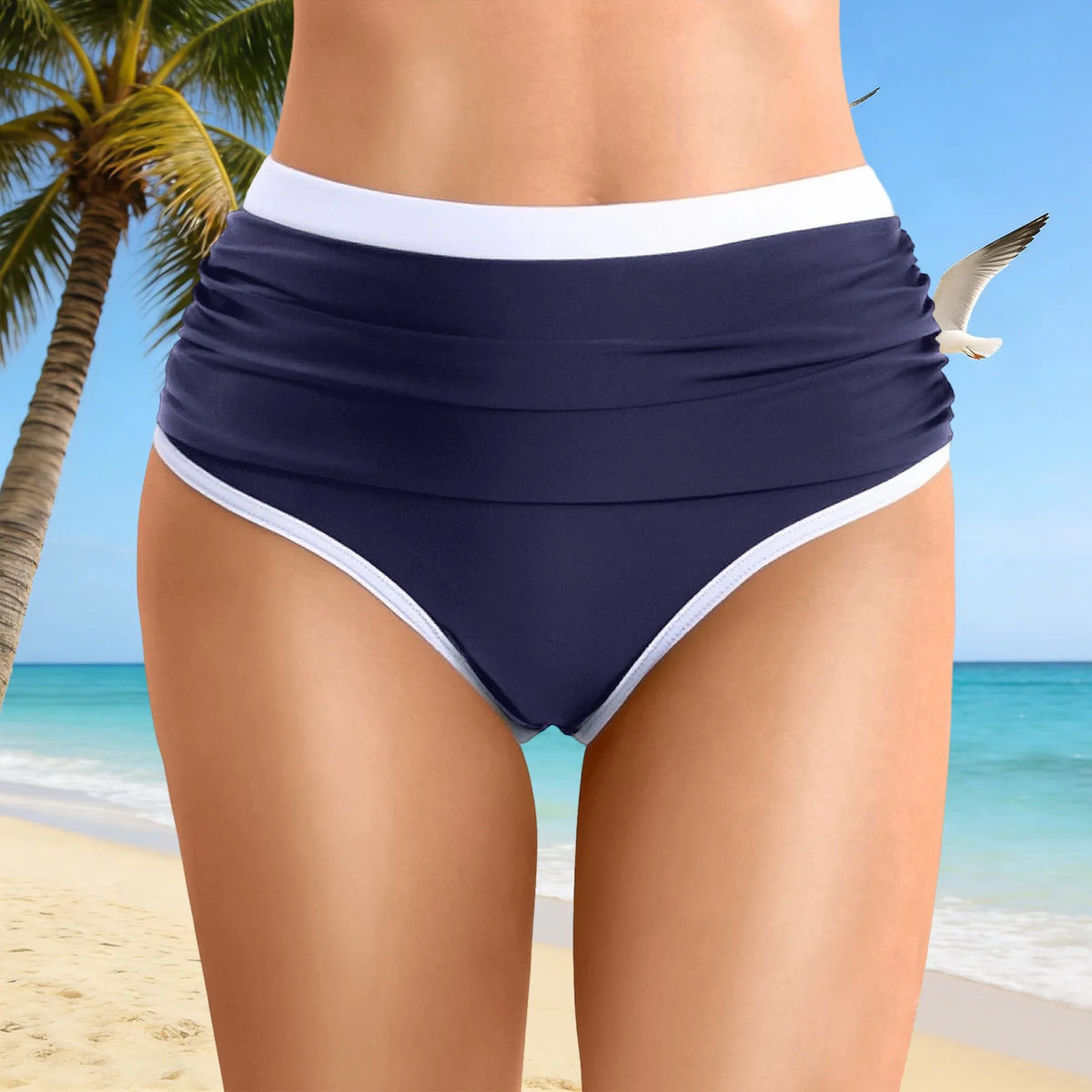 Womens Contrast Trim High Waisted Swim Bottoms Ruched Tummy Control Bathing Suit Modest Swim Shorts For Beach Surfing Swimming