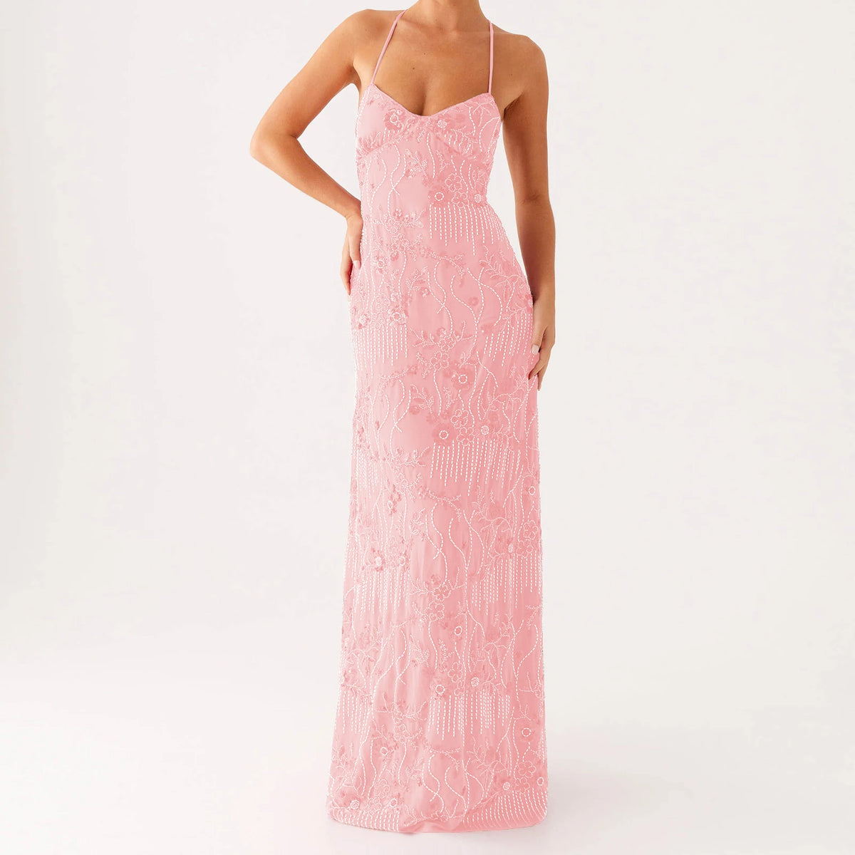 Elegant Sequin Beaded Women Maxi Dresses Flower Embroidery Sleeveless Party Cami Dress Summer Criss Cross Spaghetti Strap Dress